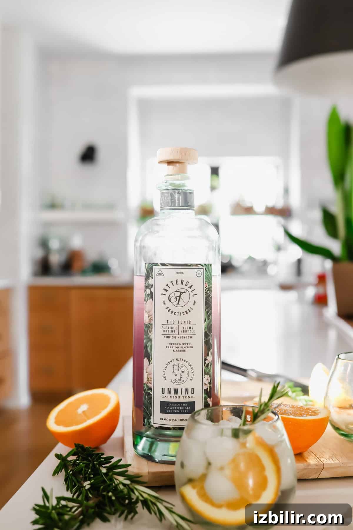 A bottle of Butterfly Spirits Botanical Flavored Gin on a kitchen counter, surrounded by sliced oranges, rosemary, and a glass of gin cocktail with ice and orange slices.