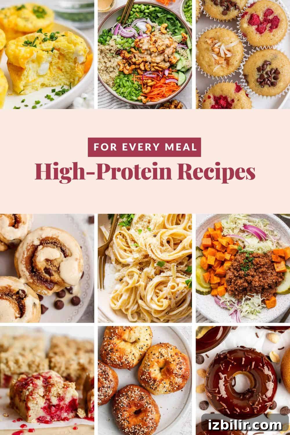 A collage of various high-protein meals and snacks, including muffins, salads, pasta, cinnamon rolls, bagels, and donuts, with the text 'For Every Meal: High-Protein Recipes' in the center.