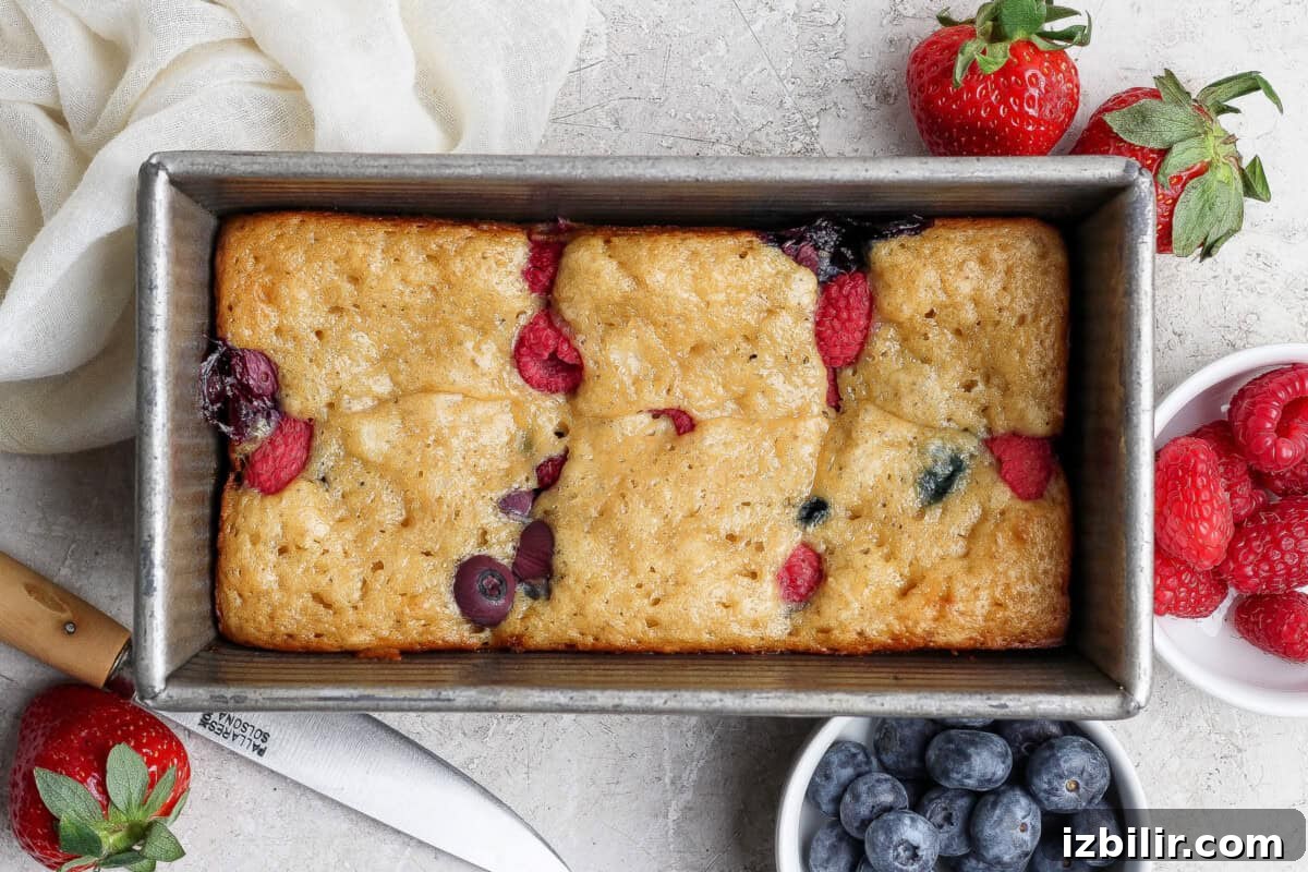 High-Protein Buns: Triple Berry and Raspberry Almond Croissant 2 A rectangular loaf pan contains a baked berry bread with visible raspberries and blueberries. Fresh strawberries, blueberries, and raspberries are placed around the pan.