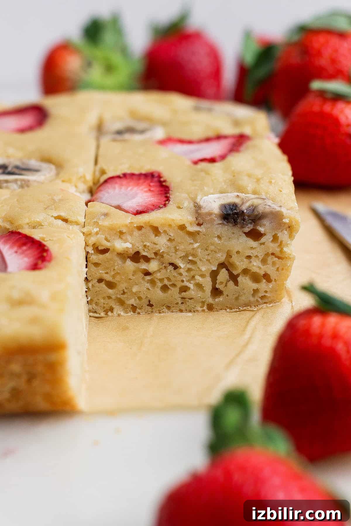 A sponge cake topped with sliced strawberries and bananas sits on parchment paper, with a slice cut out and whole strawberries around it.