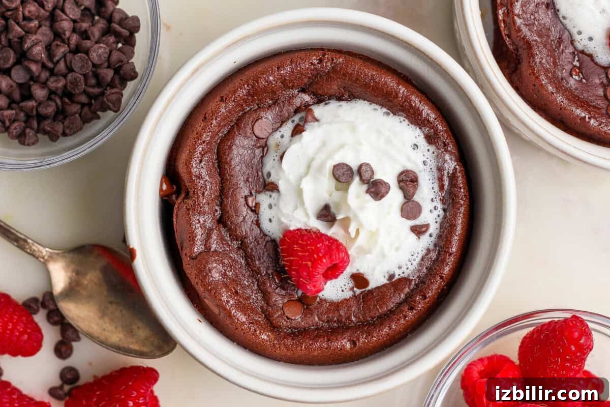 Single Serve Cottage Cheese Brownie Recipe for One 2 A chocolate lava cake in a white ramekin topped with whipped cream, chocolate chips, and a raspberry, surrounded by bowls of chocolate chips and raspberries.