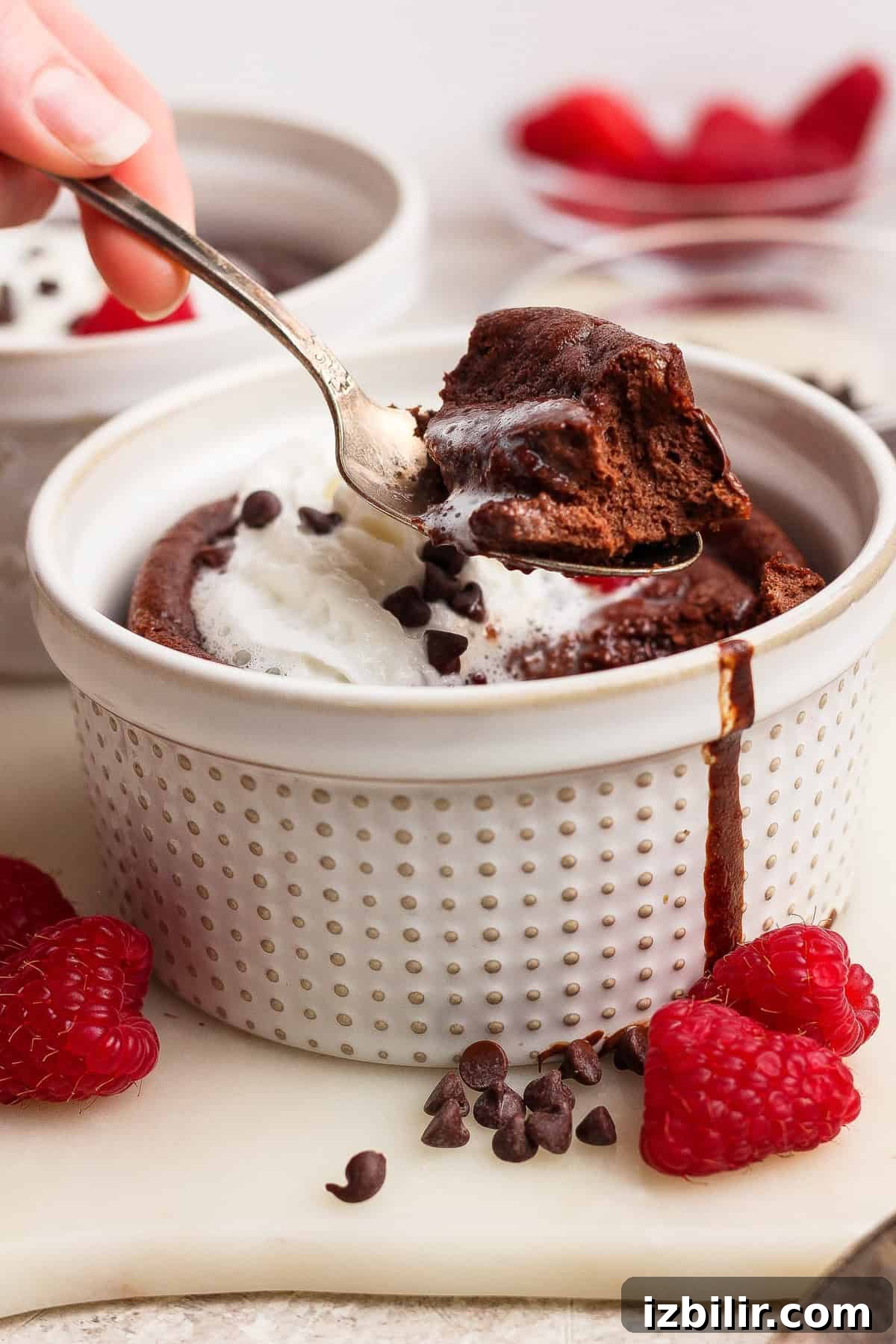 Single Serve Cottage Cheese Brownie Recipe for One 7 A hand holds a spoonful of chocolate lava cake topped with whipped cream in a white ramekin, with raspberries and chocolate chips on the side.