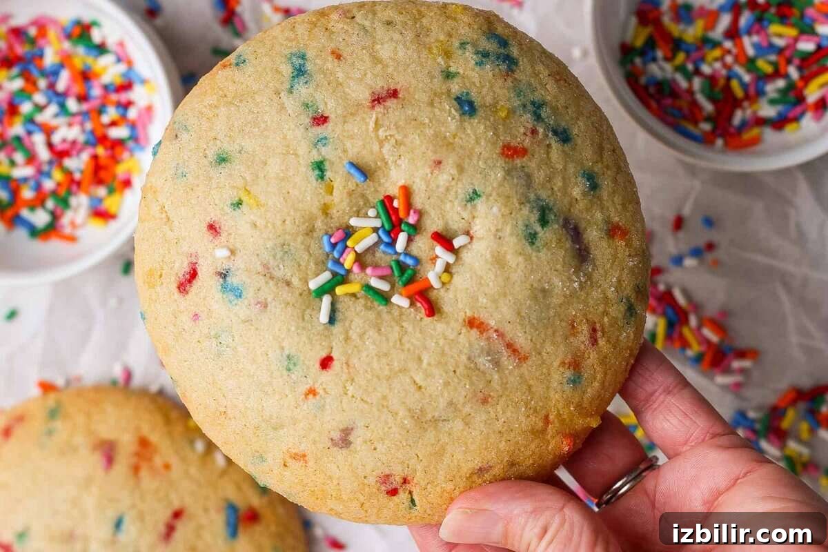 A hand holds a large sugar cookie with colorful sprinkles, with bowls of additional sprinkles and another cookie in the background.