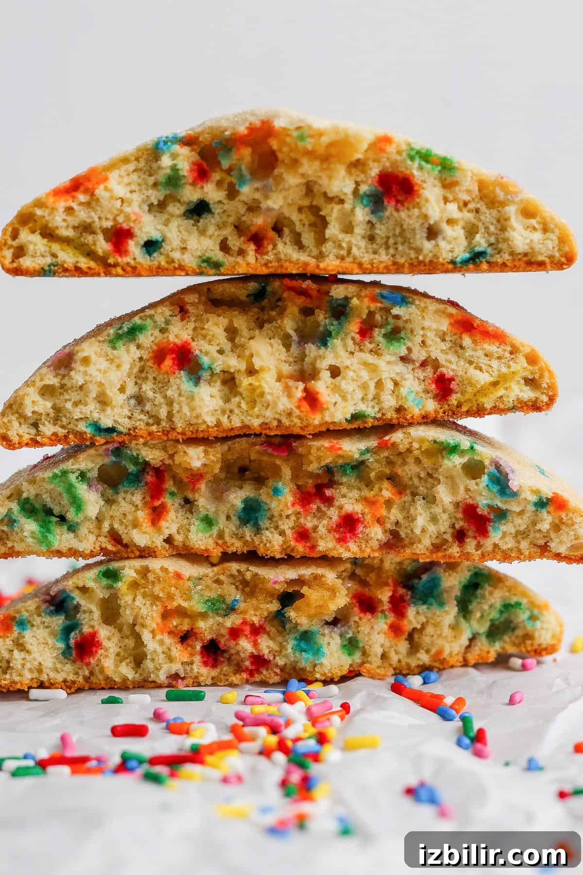 Four thick, halved cookies with colorful sprinkles inside are stacked on parchment paper, with extra sprinkles scattered below.