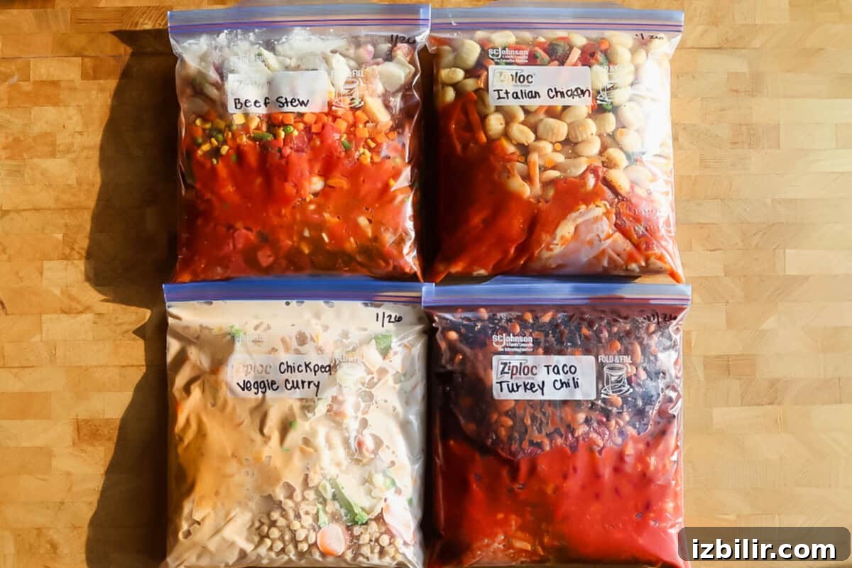High-Protein Freezer Meals for Meal Prep 2 Four labeled freezer bags filled with homemade meals—beef stew, Italian chicken, chickpea veggie curry, and taco turkey chili—arranged on a wooden surface.