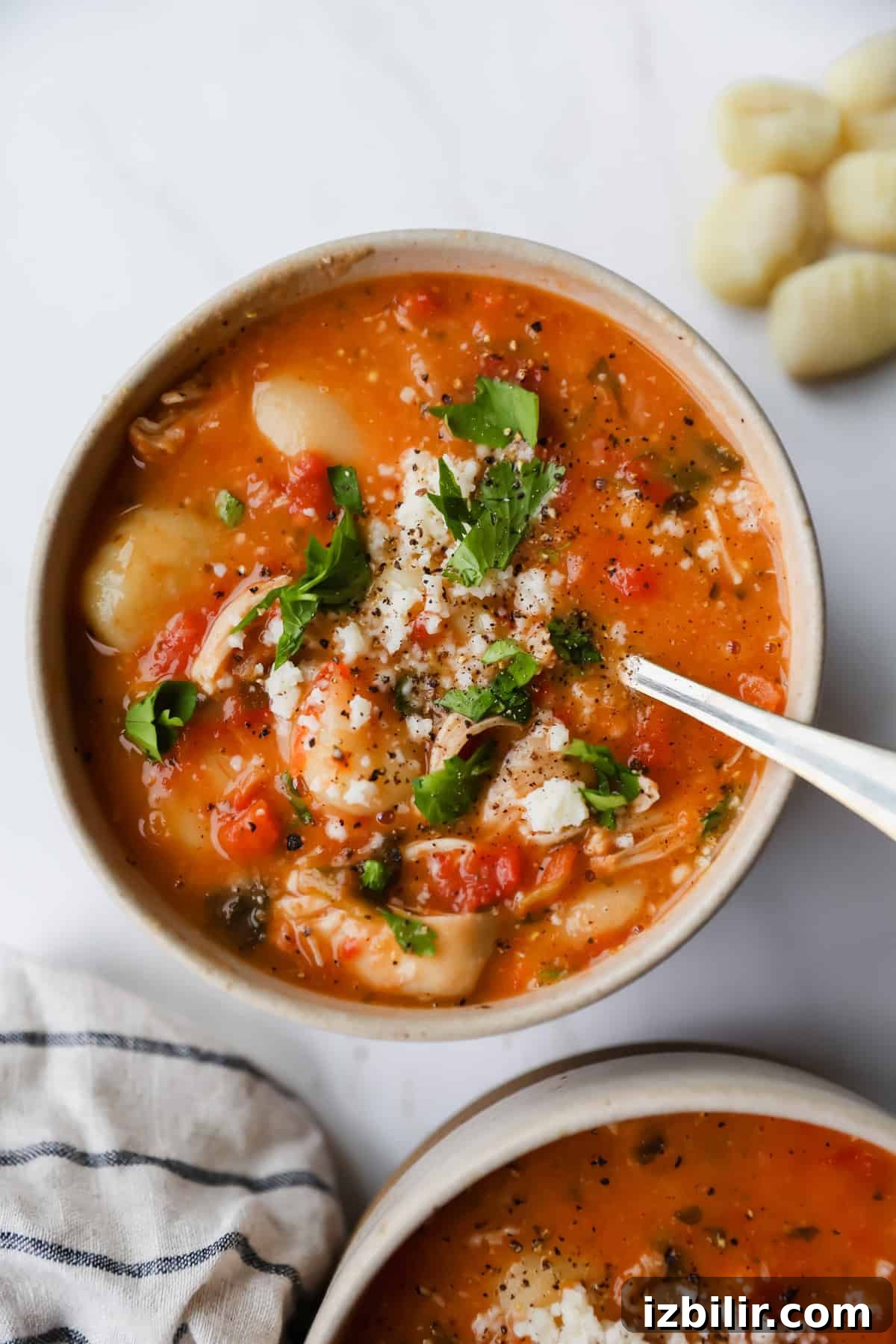 High-Protein Freezer Meals for Meal Prep 3 A bowl of tomato-based soup with gnocchi, shredded chicken, herbs, and cheese, with a spoon in the bowl and several gnocchi pieces and a napkin nearby.
