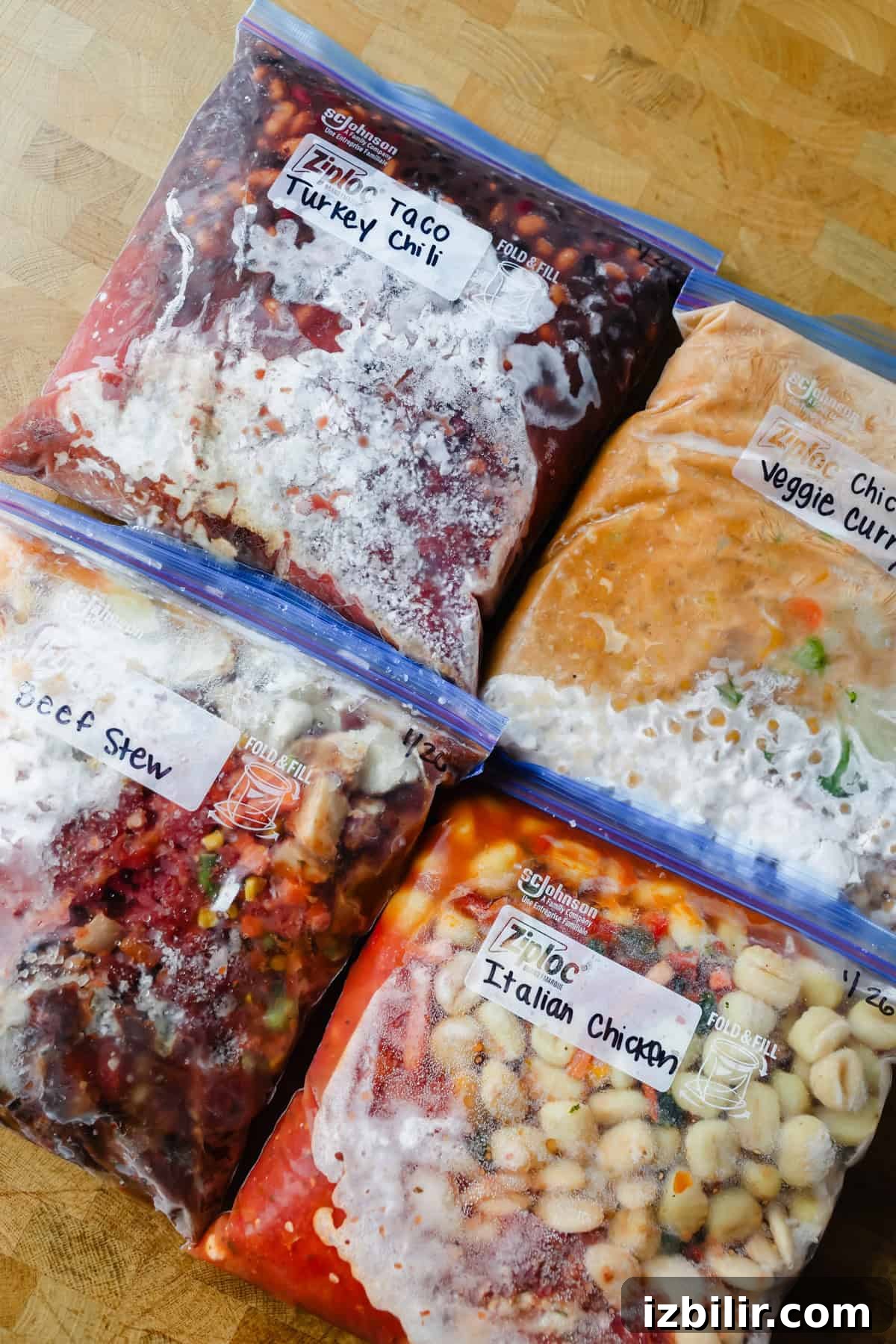 High-Protein Freezer Meals for Meal Prep 7 Four labeled freezer bags containing frozen meals: taco turkey chili, veggie curry, beef stew, and Italian chicken, placed on a wooden surface.