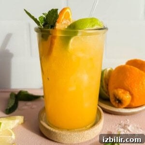 A glass of orange beverage with ice, garnished with lime, orange slice, and mint.