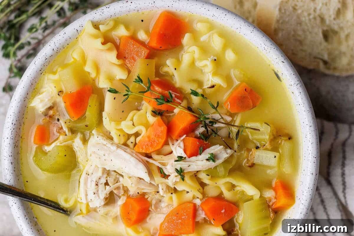 A bowl of chicken noodle soup with carrots, celery, noodles, shredded chicken, and fresh thyme, served with a slice of bread.