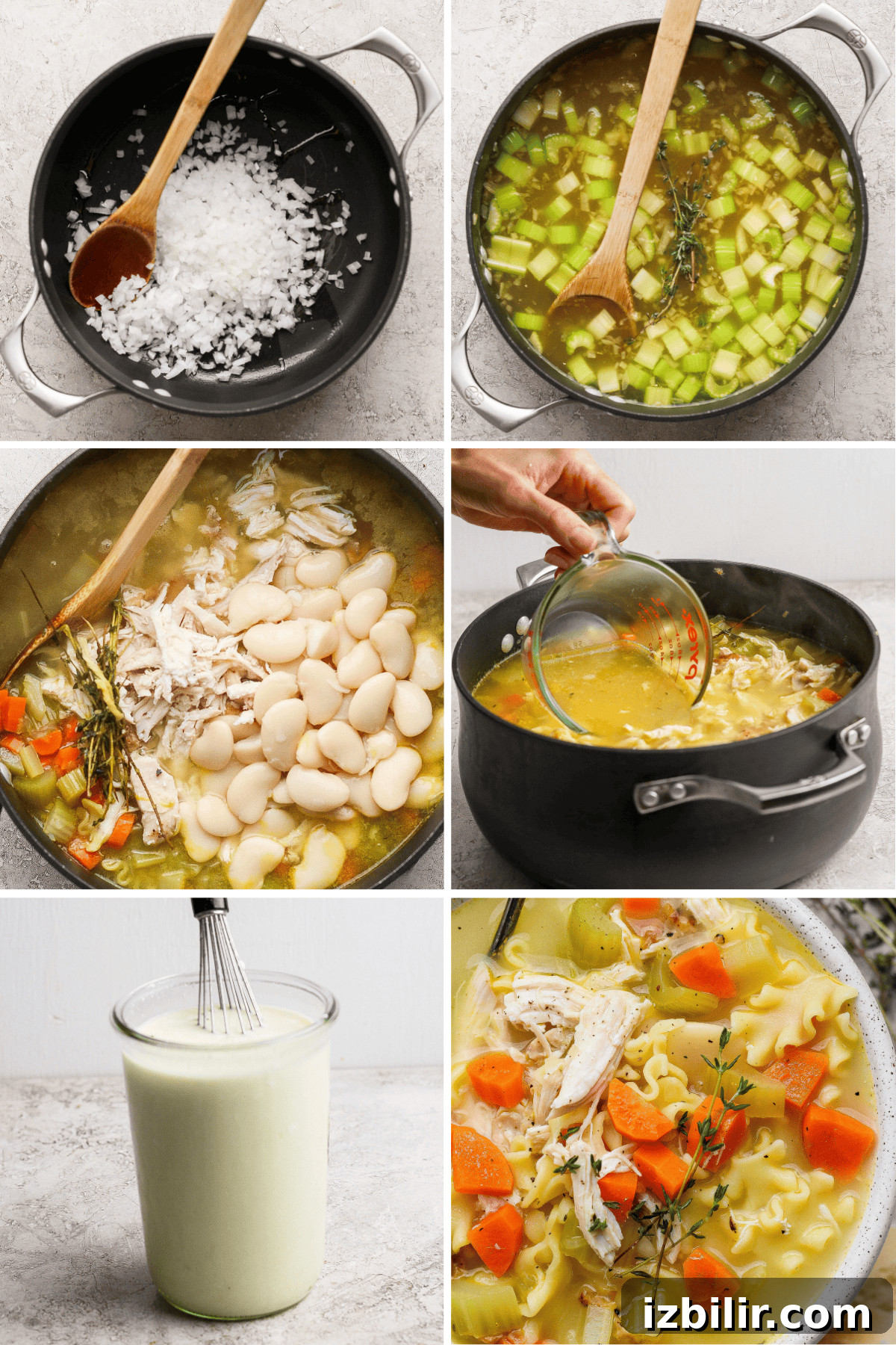 A step-by-step collage shows the process of making chicken noodle soup, including sautéing onions, adding vegetables and chicken, stirring in broth, and the finished soup served in a bowl.