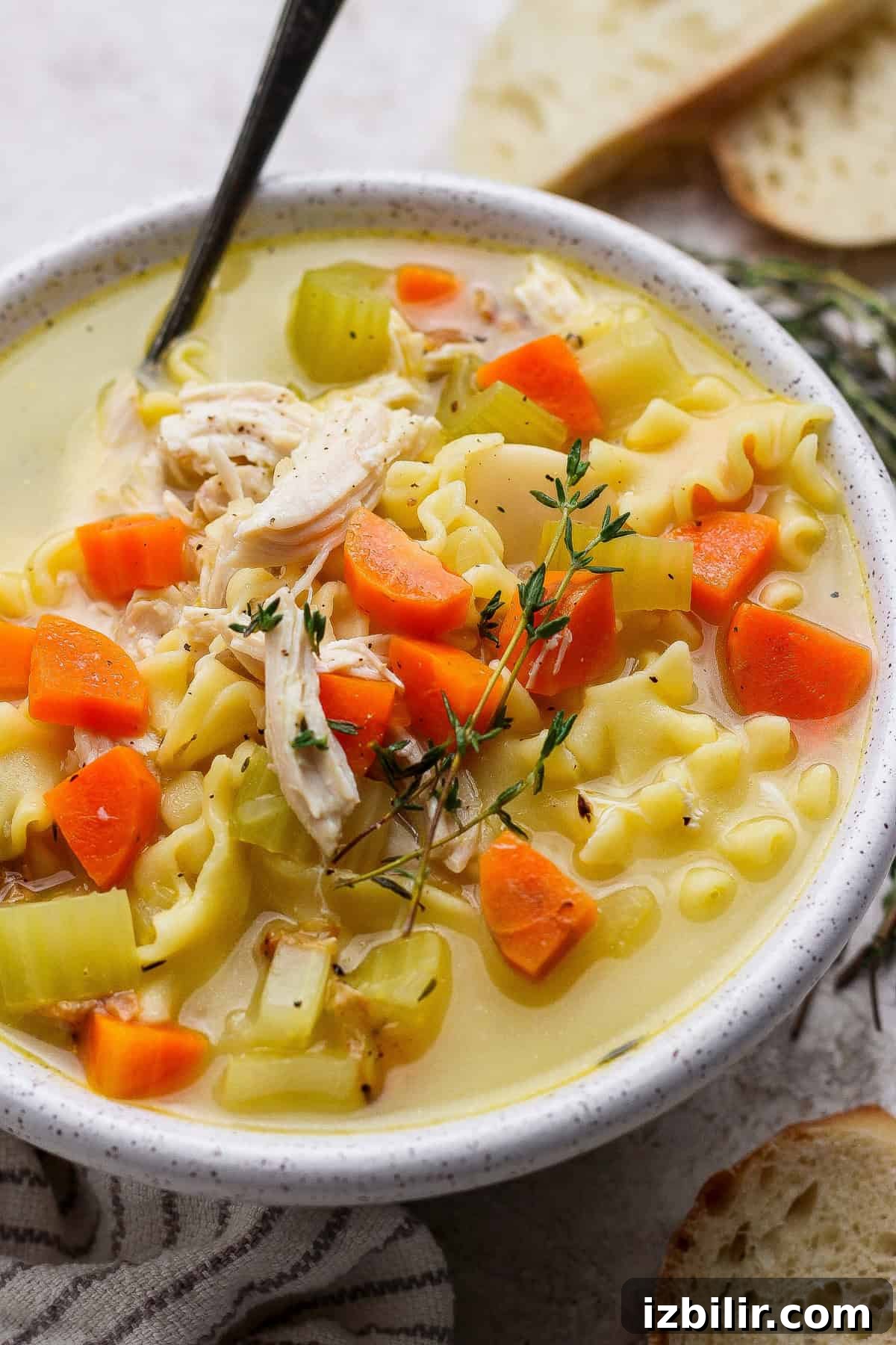 A bowl of chicken noodle soup with carrots, celery, lasagna-style noodles, and fresh thyme, served with bread slices on the side.