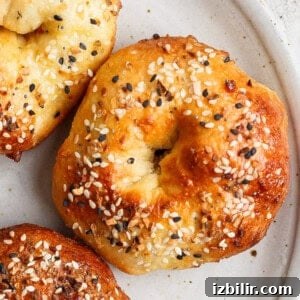 Blueberry Crunch Protein Bagels Recipe 3 Close-up of a bagel topped with sesame and poppy seeds on a white plate.