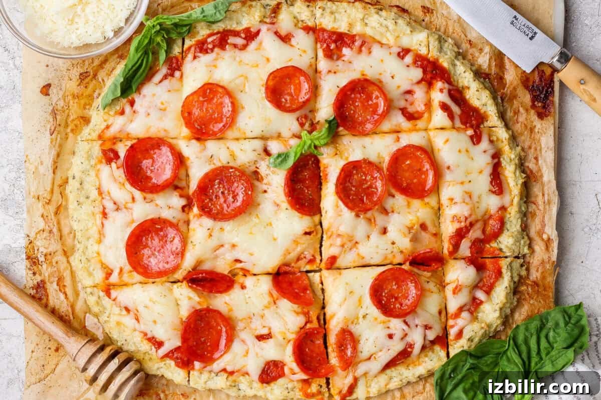 Protein Pizza with Chicken Crust Recipe 2 A round chicken crust pizza with melted cheese and pepperoni, cut into square slices and garnished with basil, sits next to a knife and a small bowl of grated cheese.