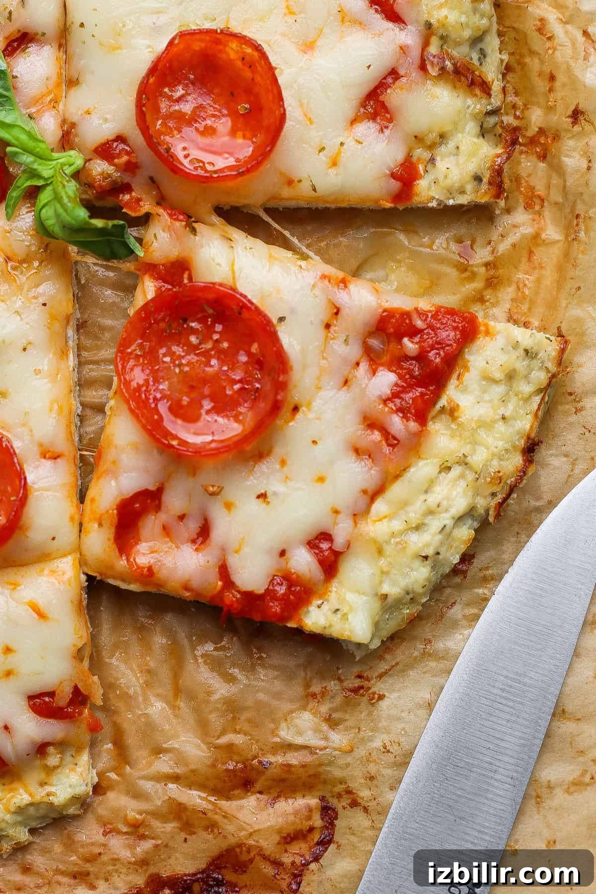 Protein Pizza with Chicken Crust Recipe 3 Close-up of a square slice of chicken crust pizza topped with pepperoni and melted cheese on parchment paper, next to a knife.