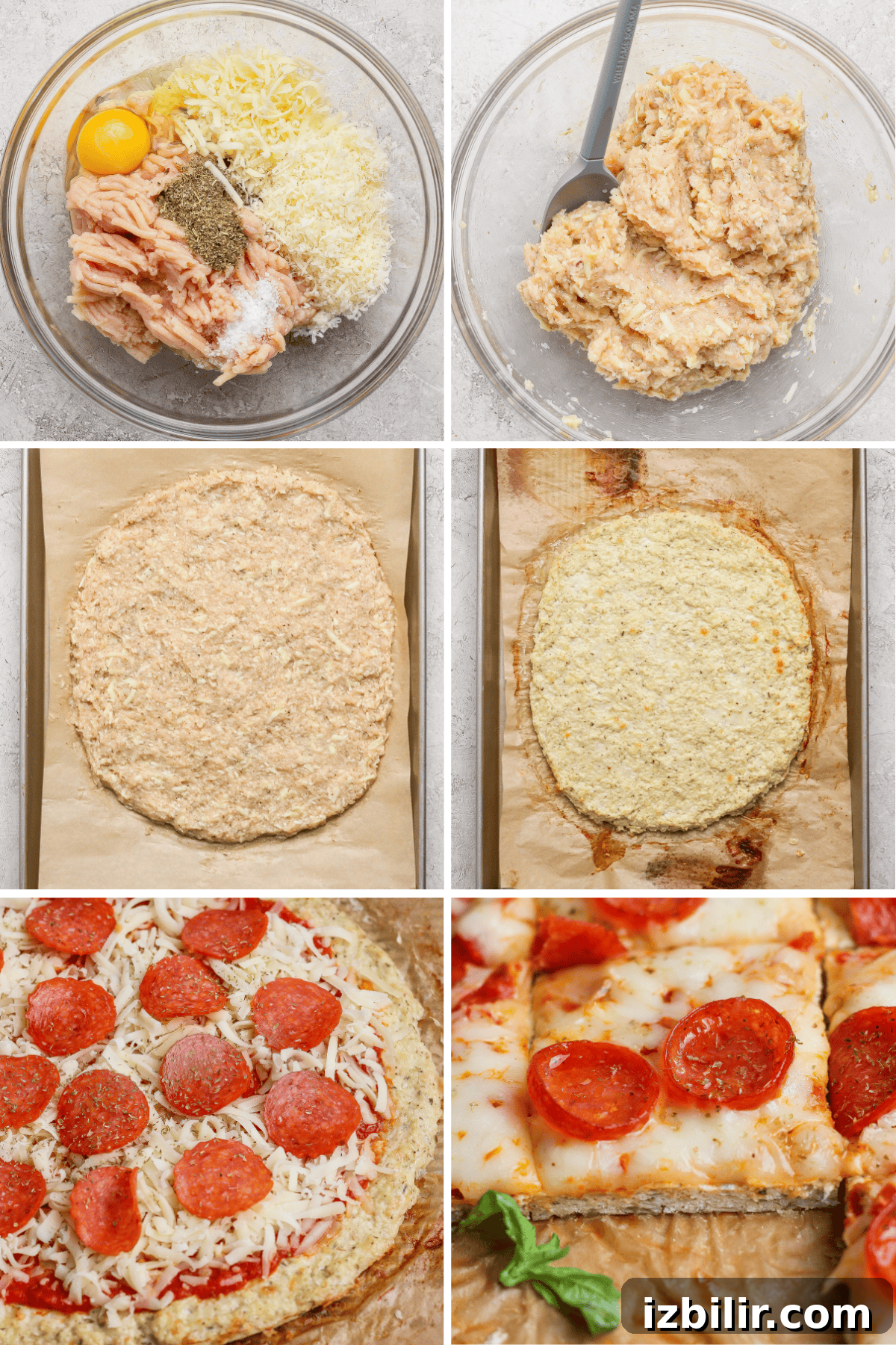 Protein Pizza with Chicken Crust Recipe 4 Step-by-step images show the preparation of a cauliflower or chicken crust pizza: mixing ingredients, shaping the crust, baking, adding toppings, and slicing the finished pizza.