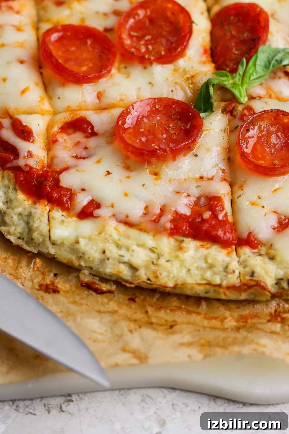 Protein Pizza with Chicken Crust Recipe 5 Close-up of a sliced chicken crust pizza with melted cheese and tomato sauce on a cutting board, garnished with a sprig of basil. A knife rests nearby.