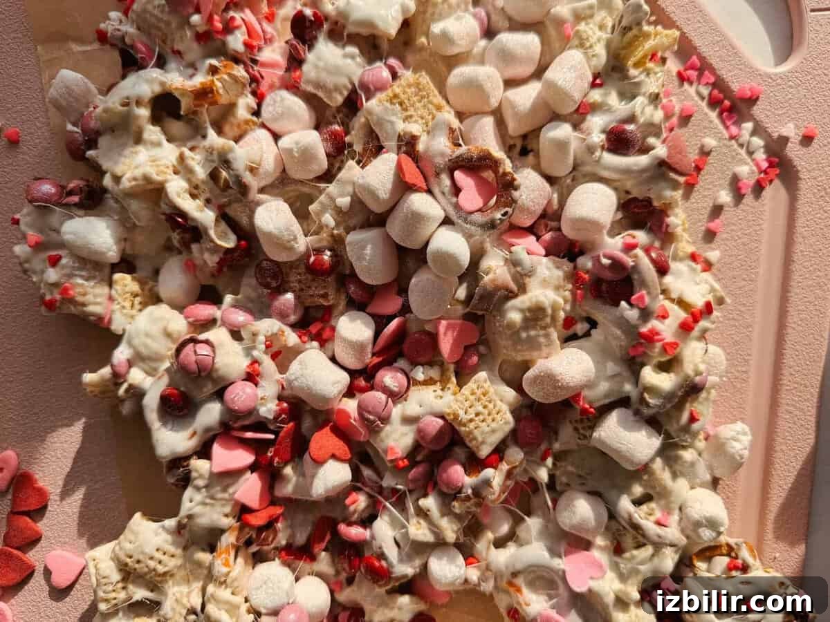 Valentine's Chex Mix Recipe: Cupid's Sweet and Savory Snack 2 Close-up of a Valentine's Day snack mix with white chocolate coating, mini marshmallows, Chex cereal, pink and red heart-shaped sprinkles, and chocolate candies on a pink surface.