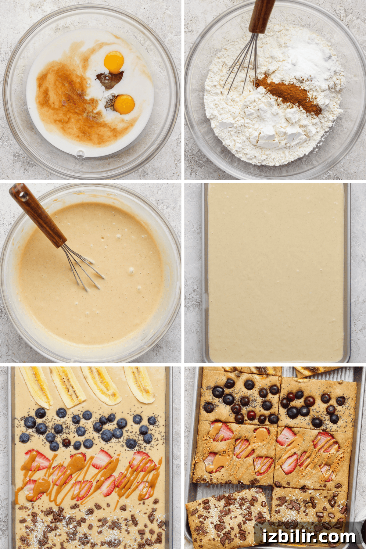 Sheet Pan Protein Pancakes Recipe - 14g Protein Per Serving 3 A step-by-step photo collage showing ingredients being mixed into batter, poured onto a baking sheet, topped with fruit and chocolate, then sliced into bars.