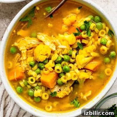 Bowl of chicken and vegetable soup with pasta and peas