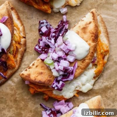 Folded quesadilla filled with melted cheese and shredded vegetables, topped with onion and slaw