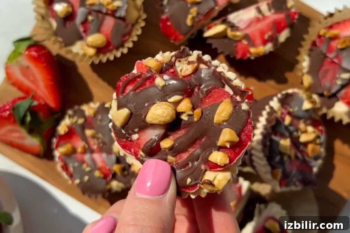 A hand with pink nail polish holds a chocolate-covered treat topped with chopped nuts and strawberry slices, with more treats and strawberries visible on a wooden tray.