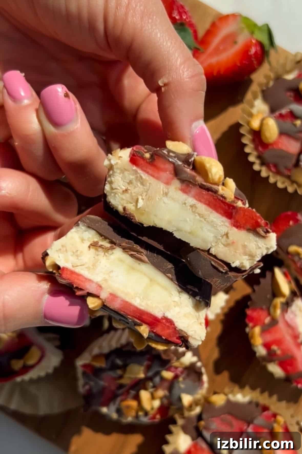 A person holding two halves of a chocolate-covered treat with visible layers of banana, strawberries, nuts, and chocolate. Other similar treats are on a tray below.