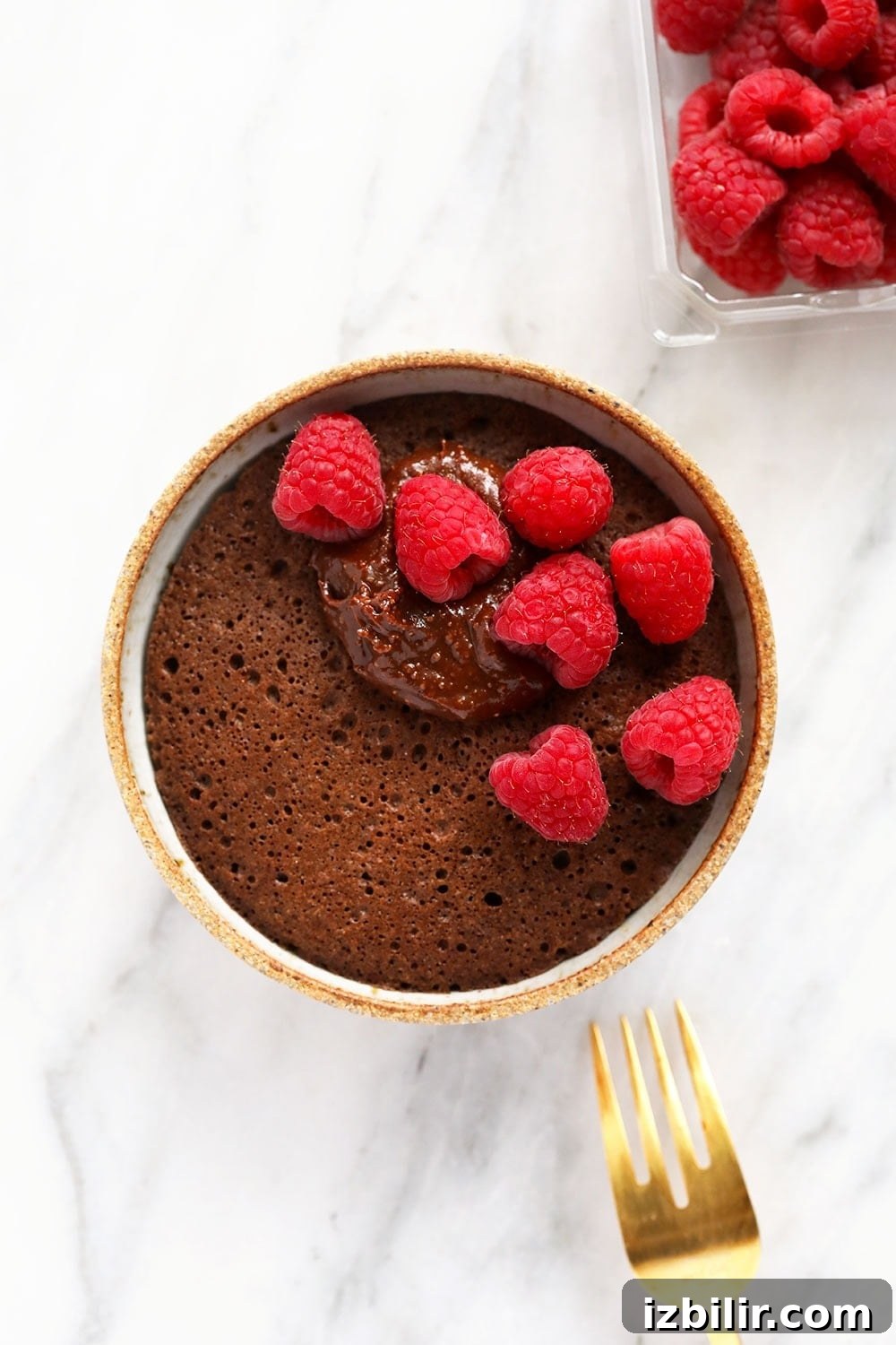 single-serve chocolate mug cake topped with fresh raspberries and homemade chocolate frosting