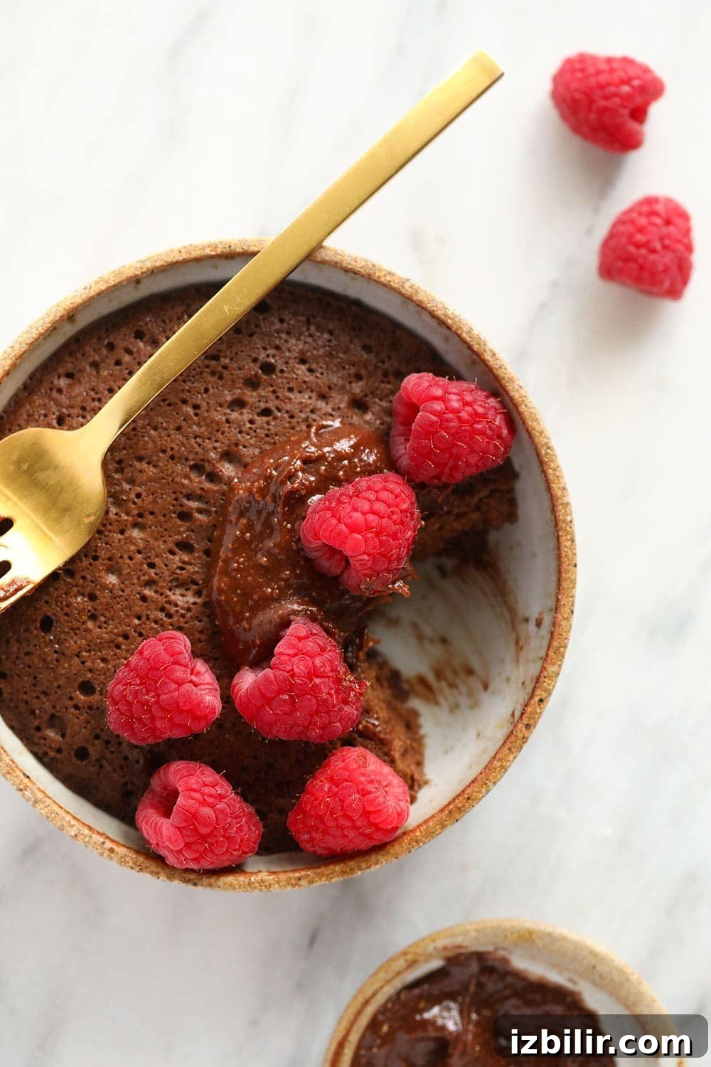 single-serve chocolate mug cake with a bite taken out of it and topped with delicious fresh raspberries