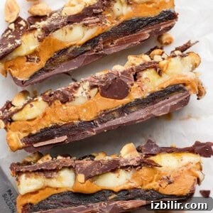 Three chocolate bars with visible layers of chocolate, peanut butter, banana slices, and chopped peanuts on parchment paper, with a knife nearby.