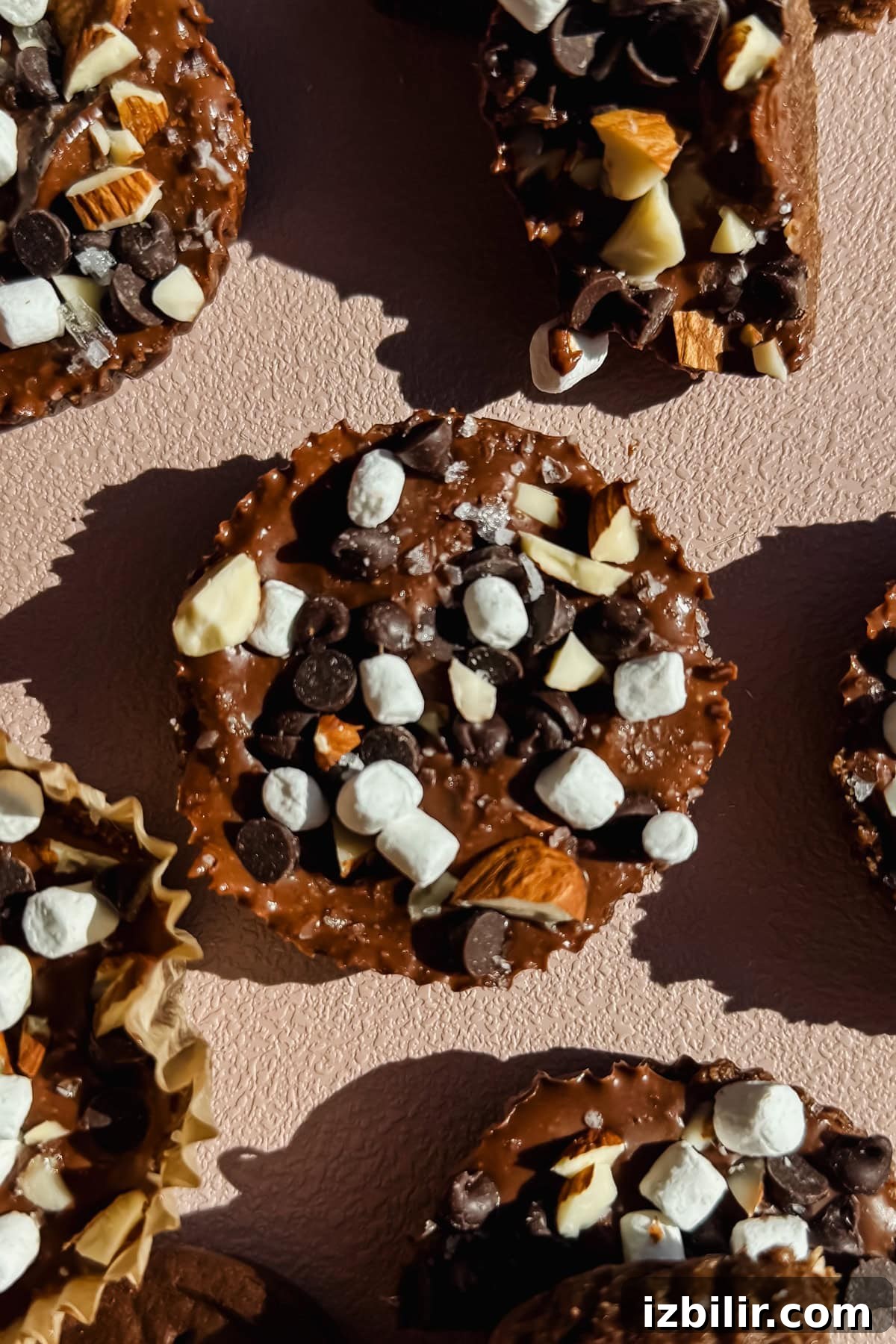 Exploremore Oat Cups: Creamy On-the-Go Oatmeal 3 Chocolate cupcakes topped with mini marshmallows, chocolate chips, and chopped nuts, arranged on a light textured surface.