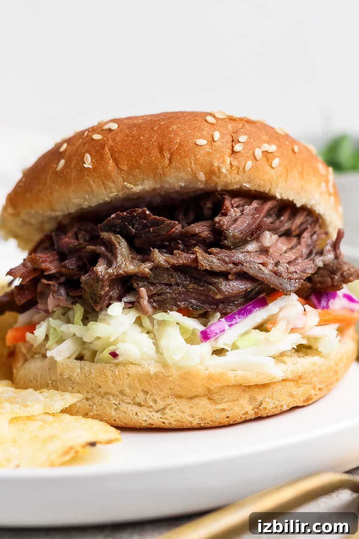 A pulled beef sandwich with coleslaw on a sesame seed bun is served on a white plate with some potato chips.