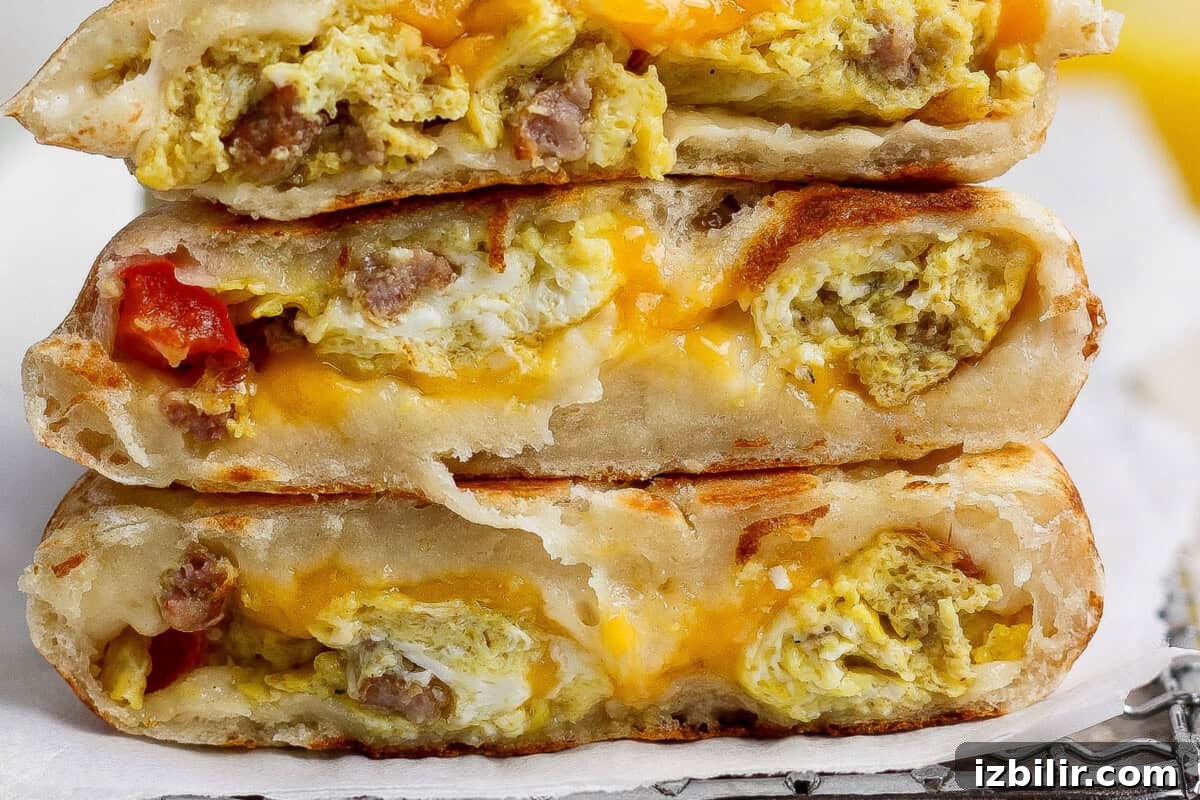 Three breakfast stuffed flatbreads stacked, filled with scrambled eggs, sausage, melted cheese, and some visible tomato pieces.