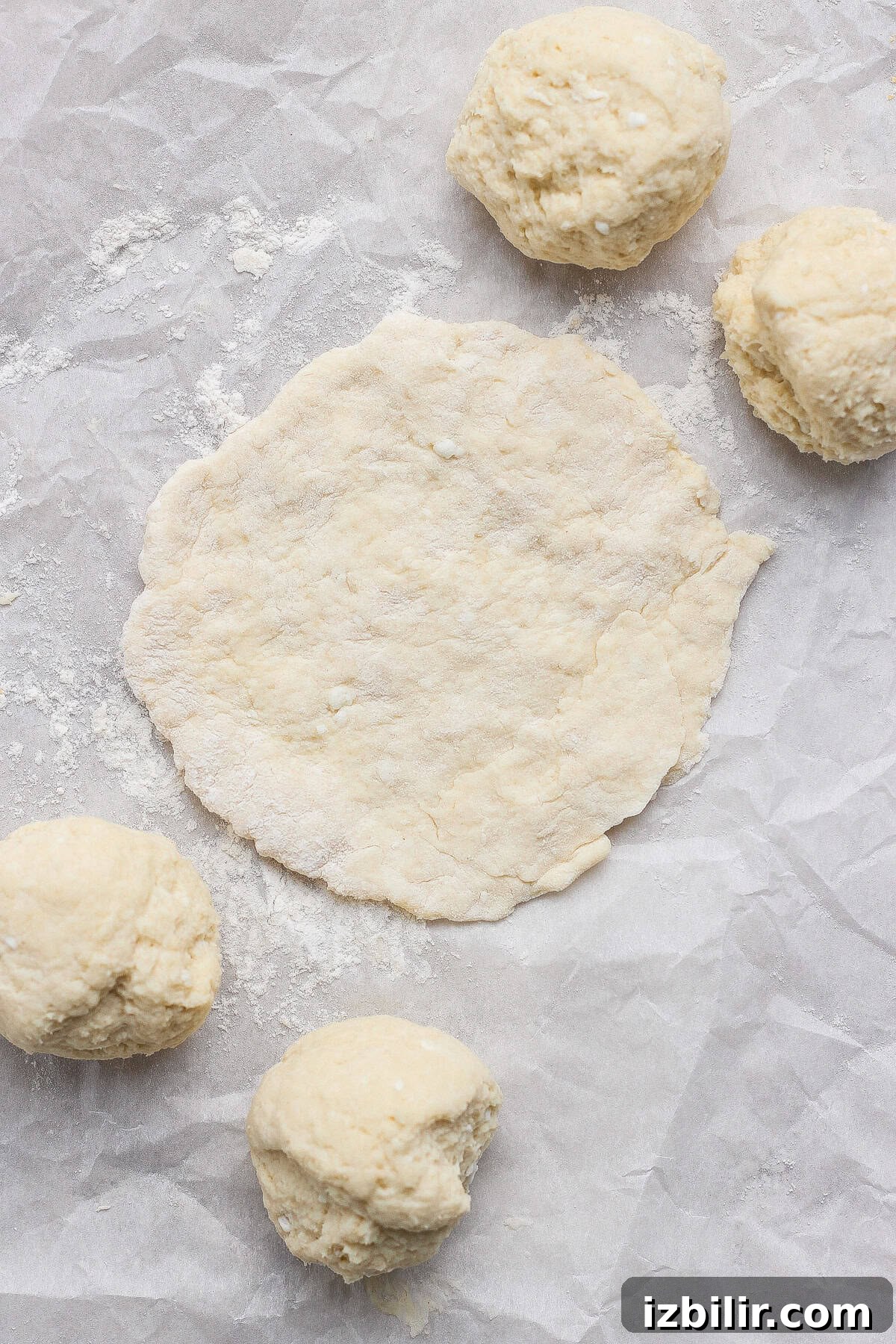 Four dough balls and one flattened round of dough sit on a sheet of parchment paper dusted with flour.