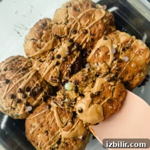 Scoopable Cookies: The Viral Recipe Everyone's Making 4 A batch of oat cookies drizzled with peanut butter and sprinkled with mini chocolate chips in a glass dish, with a pink spatula lifting one cookie.