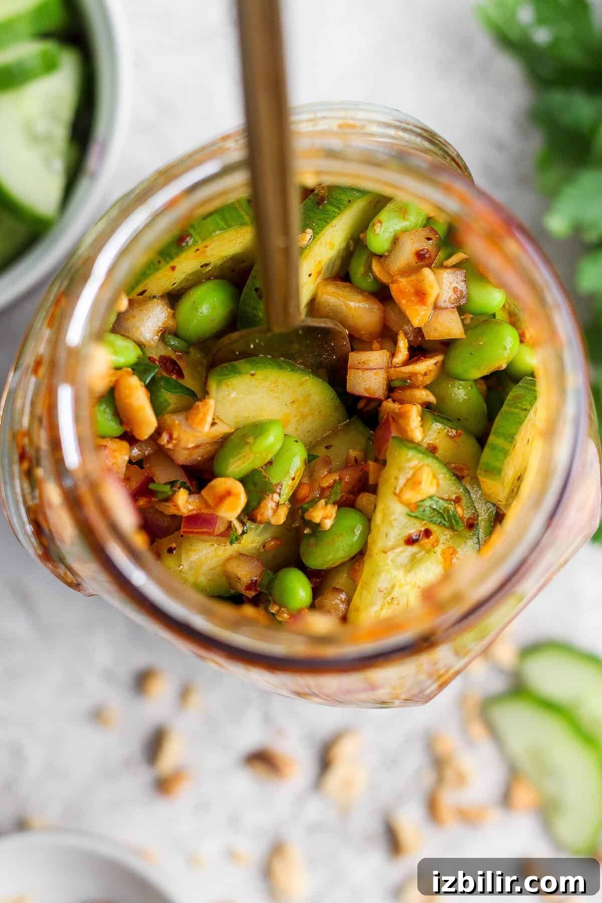Jar filled with a mix of sliced cucumbers, edamame, chopped red onions, peanuts, and spices, with a spoon inside and some ingredients scattered around.