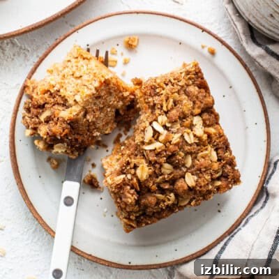 A slice of oatmeal coffee cake on a plate with a fork.