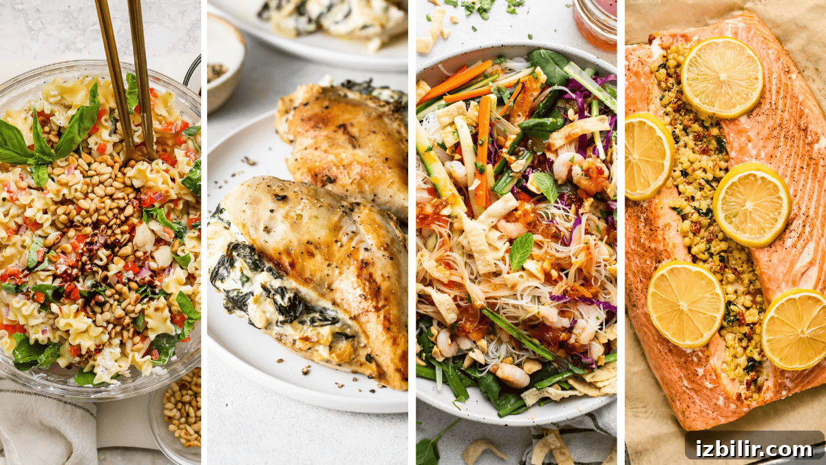 10 High-Protein Spring Recipes to Refresh Your Menu 2 Four food dishes: a pasta salad with pine nuts, stuffed chicken breasts, a noodle salad with vegetables, and a baked salmon fillet topped with lemon slices and a crumb mixture.