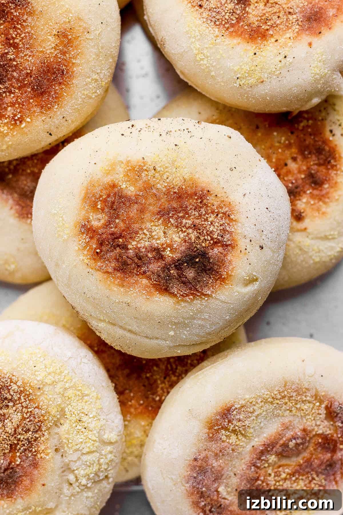 Several plain English muffins, lightly browned on top, stacked together with visible cornmeal on their surfaces.