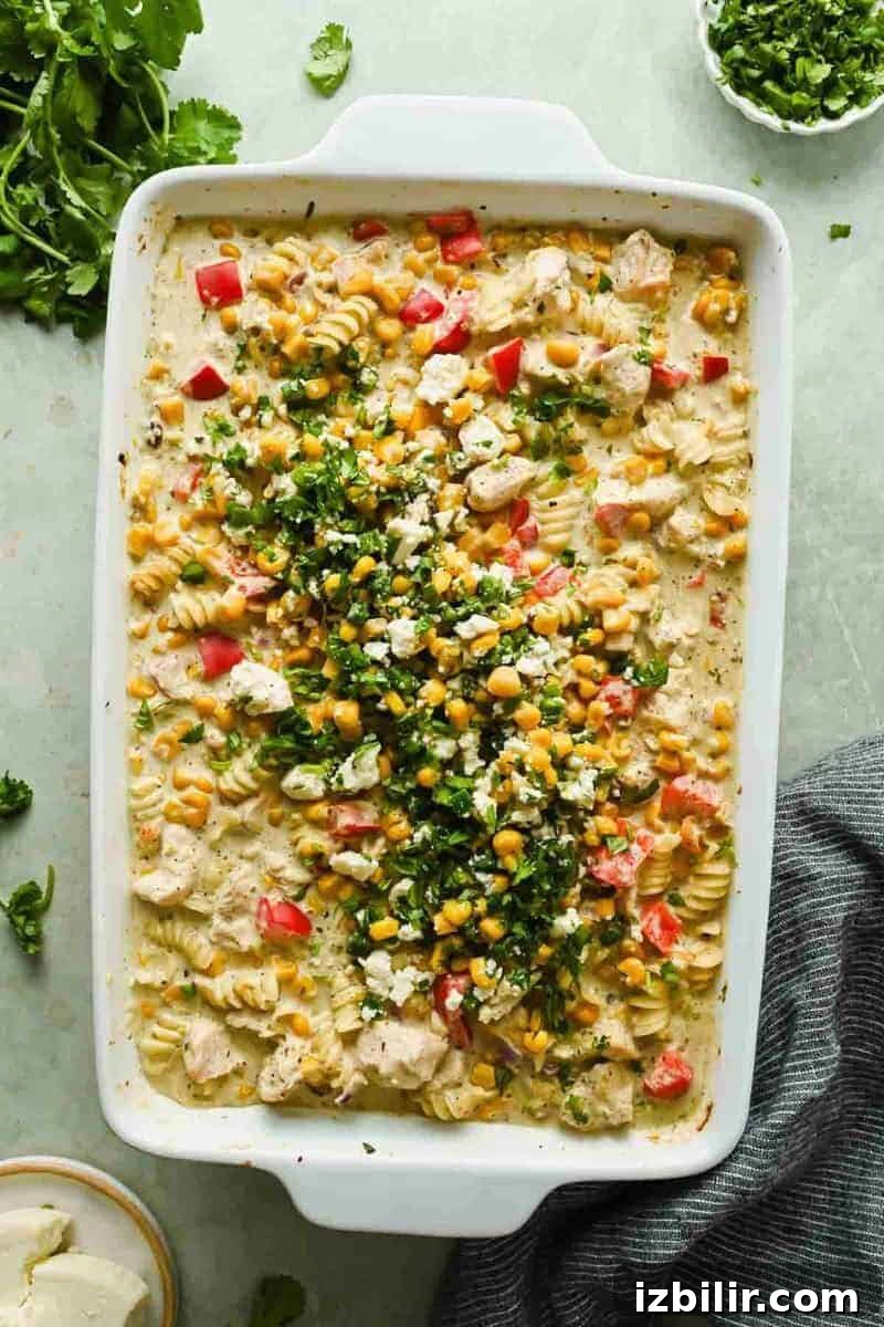 Creamy Oven Baked Street Corn Pasta with Cotija 2 A white baking dish filled with a creamy pasta bake with rotini, corn, diced tomatoes, herbs, and cheese, topped with chopped cilantro and crumbled cheese.
