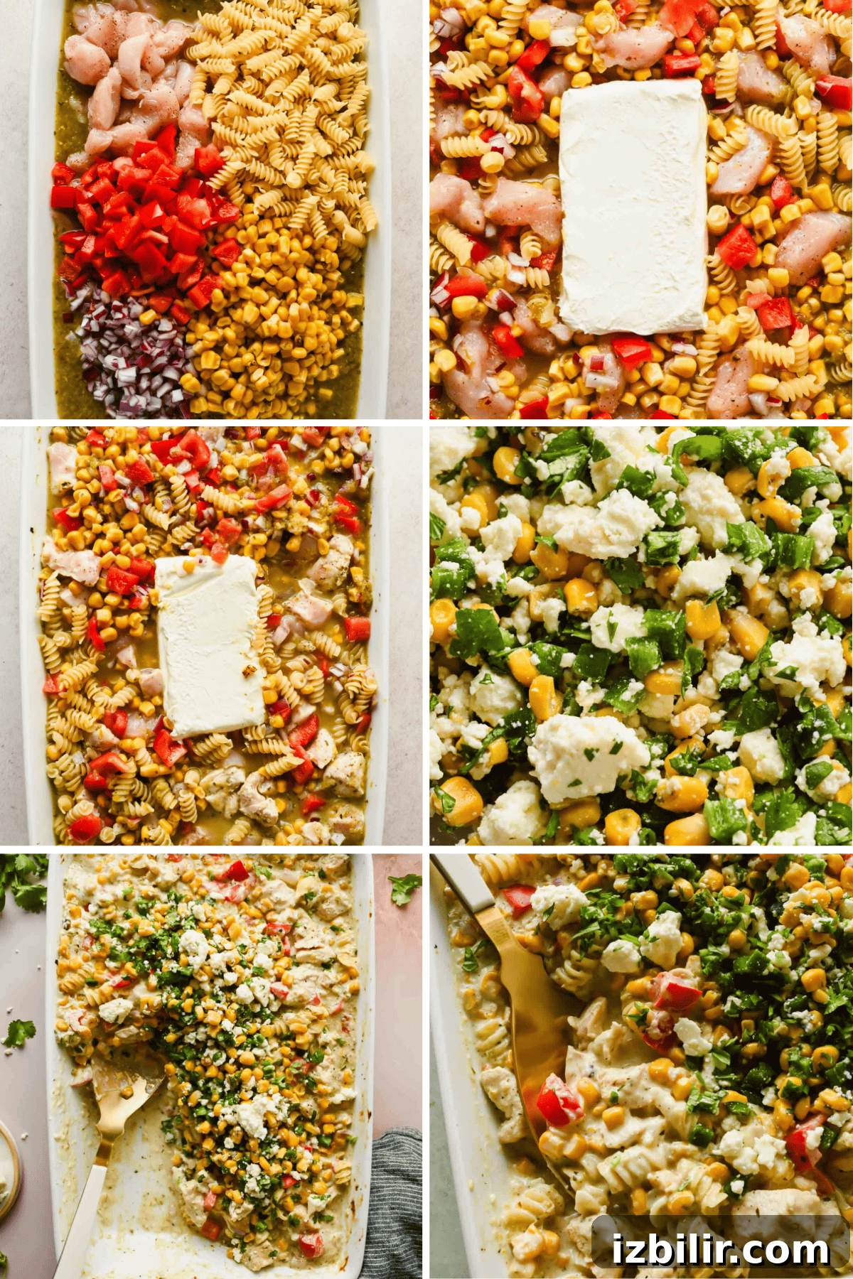 Creamy Oven Baked Street Corn Pasta with Cotija 3 Six-panel collage showing the step-by-step process of making a baked pasta dish with chicken, vegetables, corn, pasta, and a block of cheese, mixed and baked together in a casserole dish.