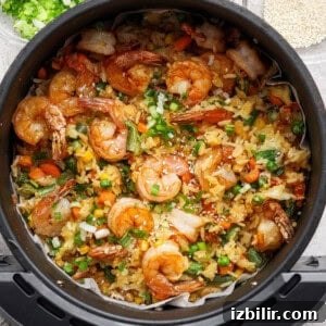 A close-up of a cooked shrimp fried rice dish with mixed vegetables, served in a black bowl and garnished with chopped green onions and sesame seeds.