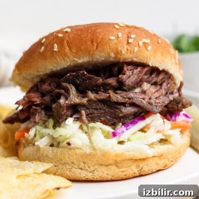 Shredded beef sandwich with coleslaw served on a sesame seed bun, with potato chips on the side.