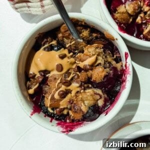 2-Ingredient Air Fryer Berry Cobbler 4 A bowl of berry crumble topped with peanut butter, chocolate chips, and a spoon resting inside.