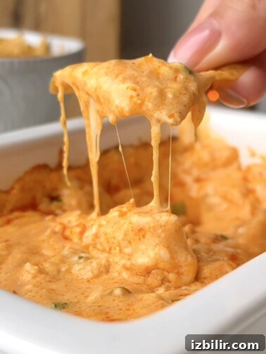 Cheesy Buffalo Chicken Dip in a baking dish
