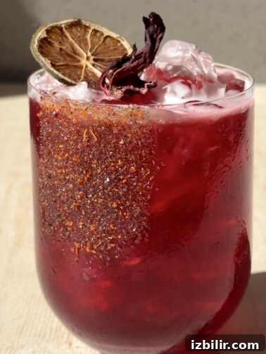 Mezcalita de Jamaica cocktail in a glass with a Tajín rim and hibiscus garnish