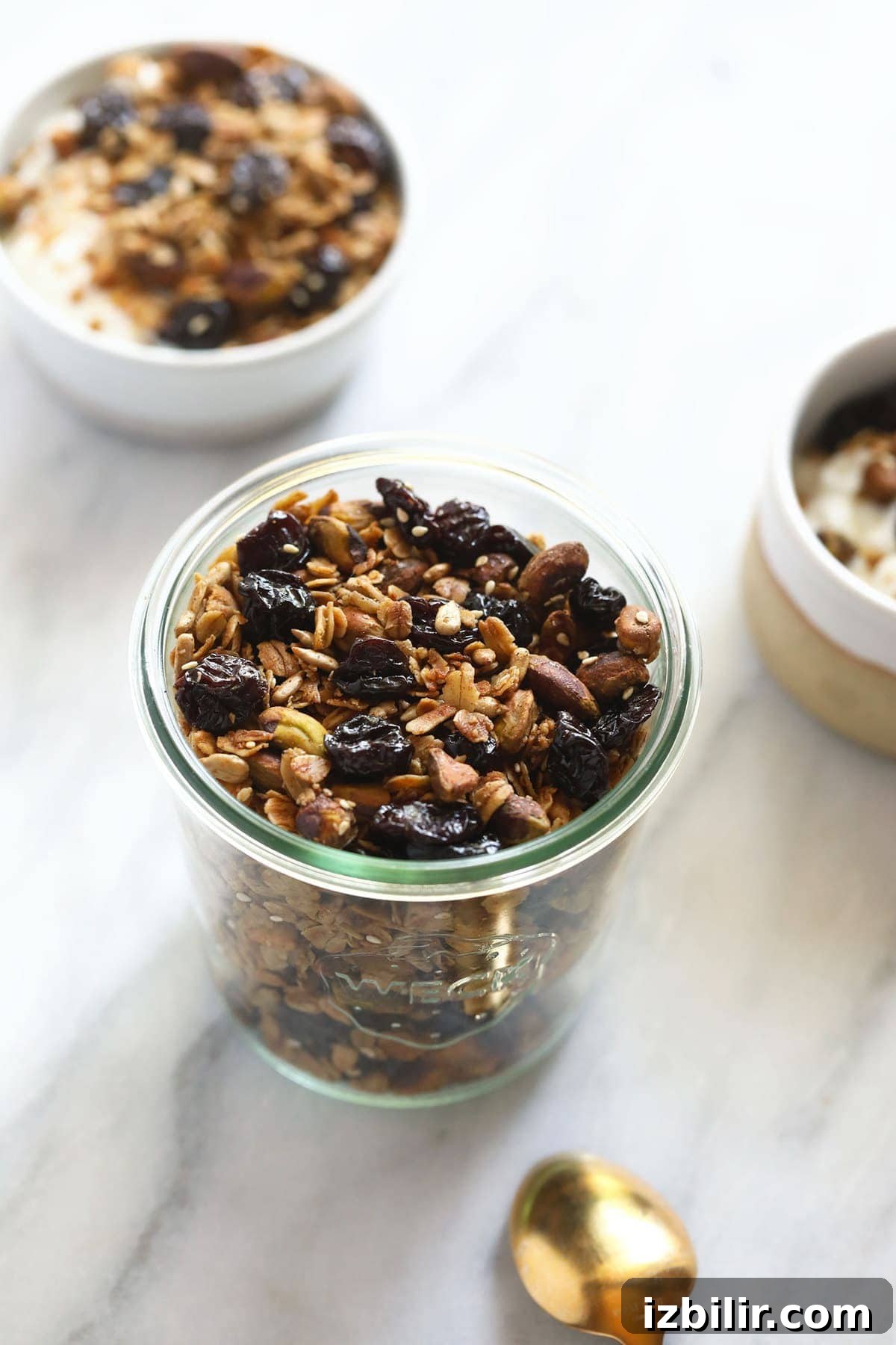 Homemade Pistachio Cherry Granola 2 A jar of granola ready to eat!