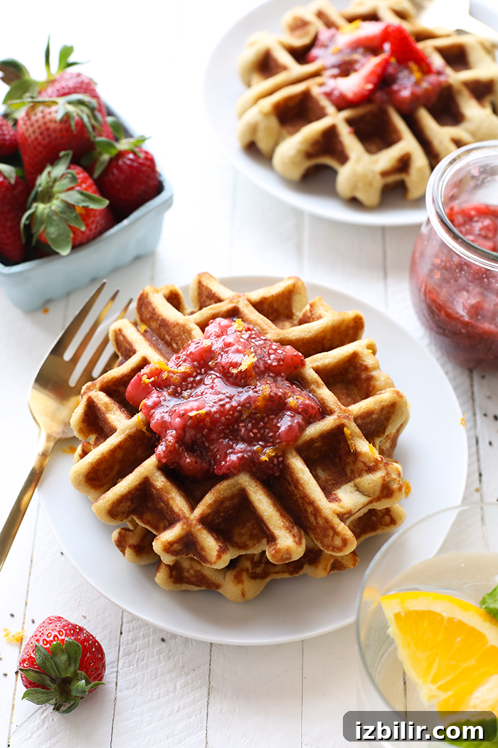 Gluten free waffles made with almond and coconut flour waffles with chia seed compote on plate.
