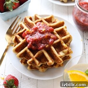 Crispy Homemade Gluten-Free Waffles Recipe 2 gluten free waffles on plate.