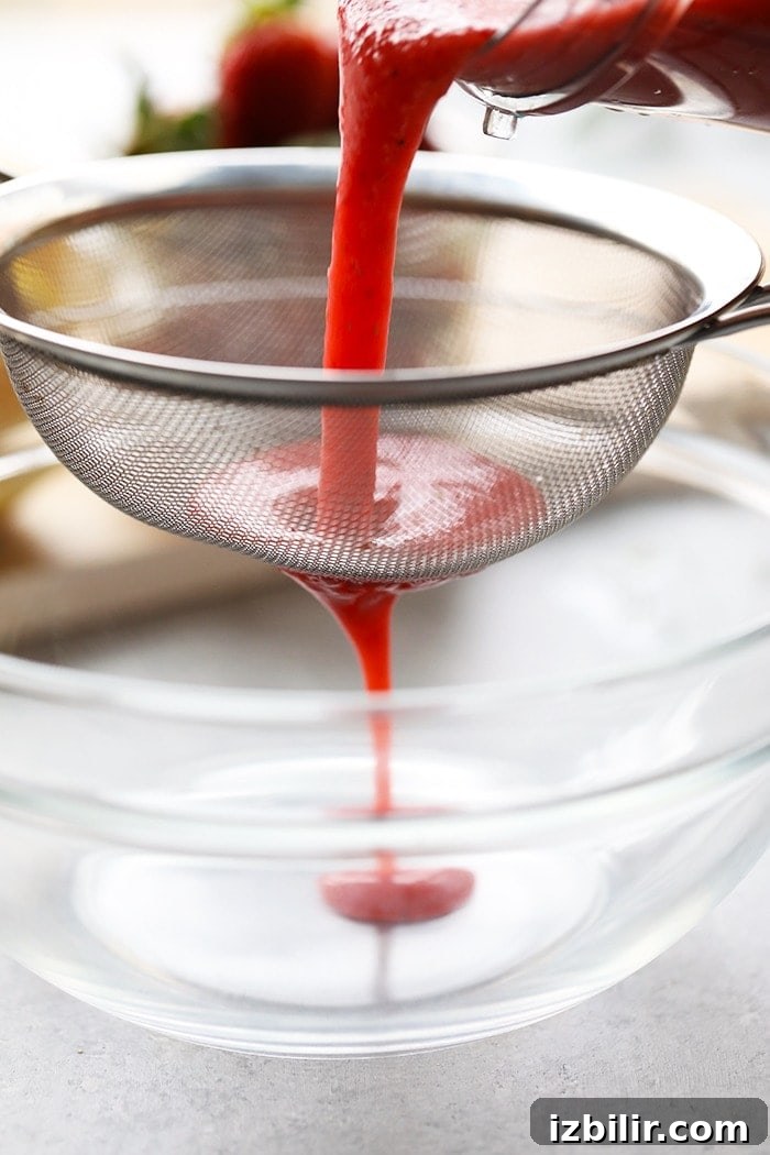 Refreshing Homemade Strawberry Lemonade Recipe 5 strawberry puree being strained through a sieve