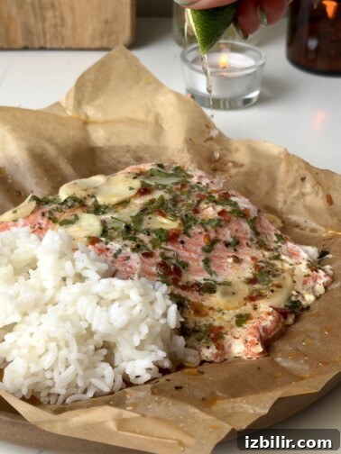 Salmon en papillote with garlic butter and lime